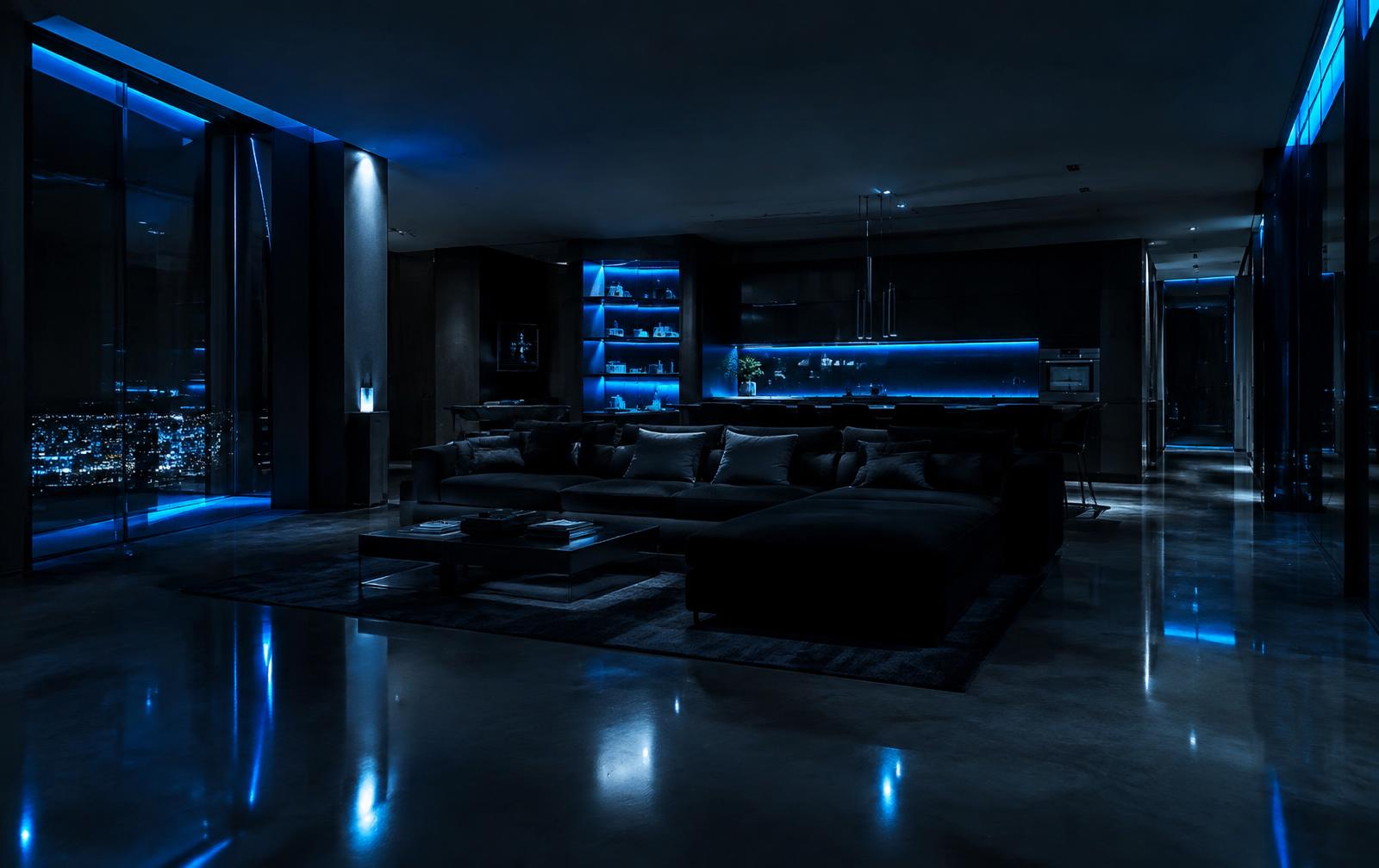 Spotless modern interior with cool blue lighting